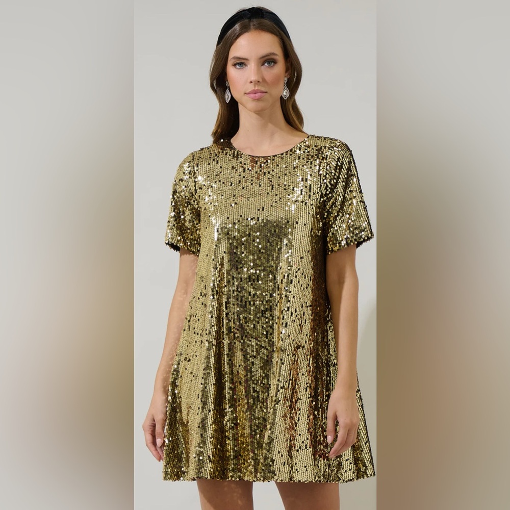 Sugarlips Shimmering Gold Ginevra Sequin Trapeze Mini Dress Party‎ Holiday